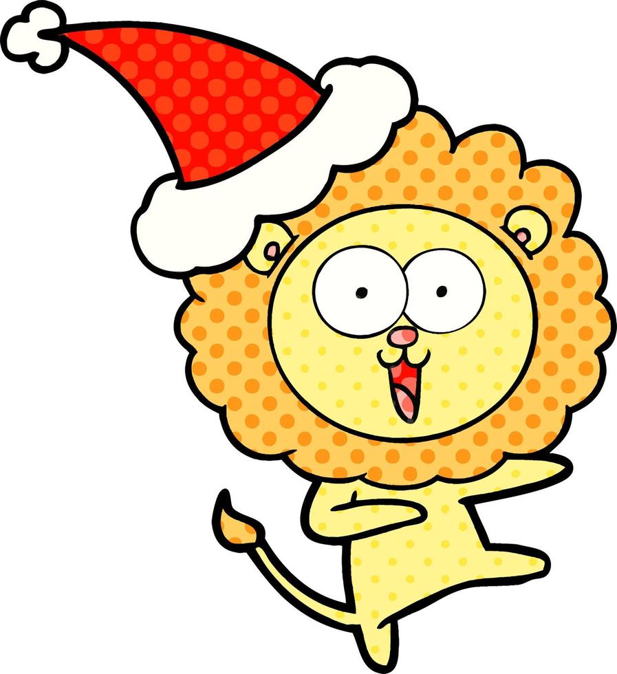 vrolijke stripboekstijlillustratie van een leeuw die een kerstmuts draagt vector