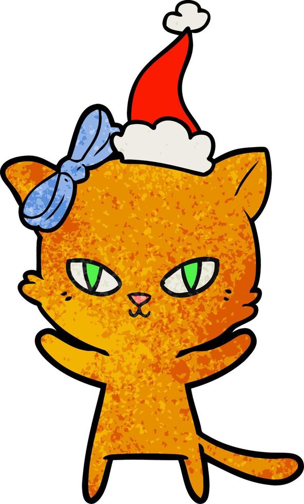 schattige getextureerde cartoon van een kat met een kerstmuts vector