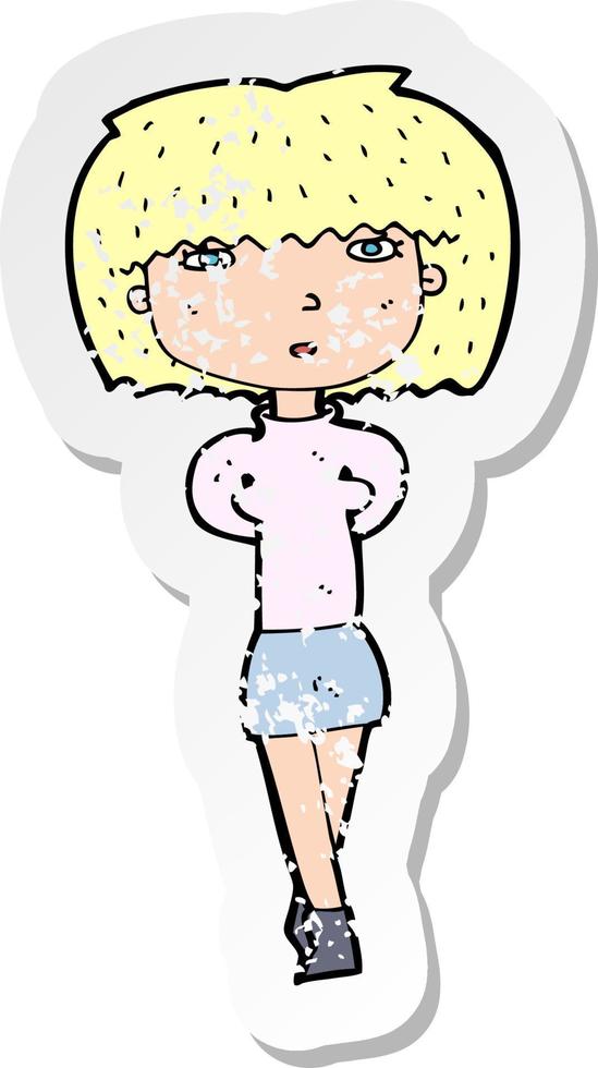 retro noodlijdende sticker van een cartoon verlegen vrouw vector