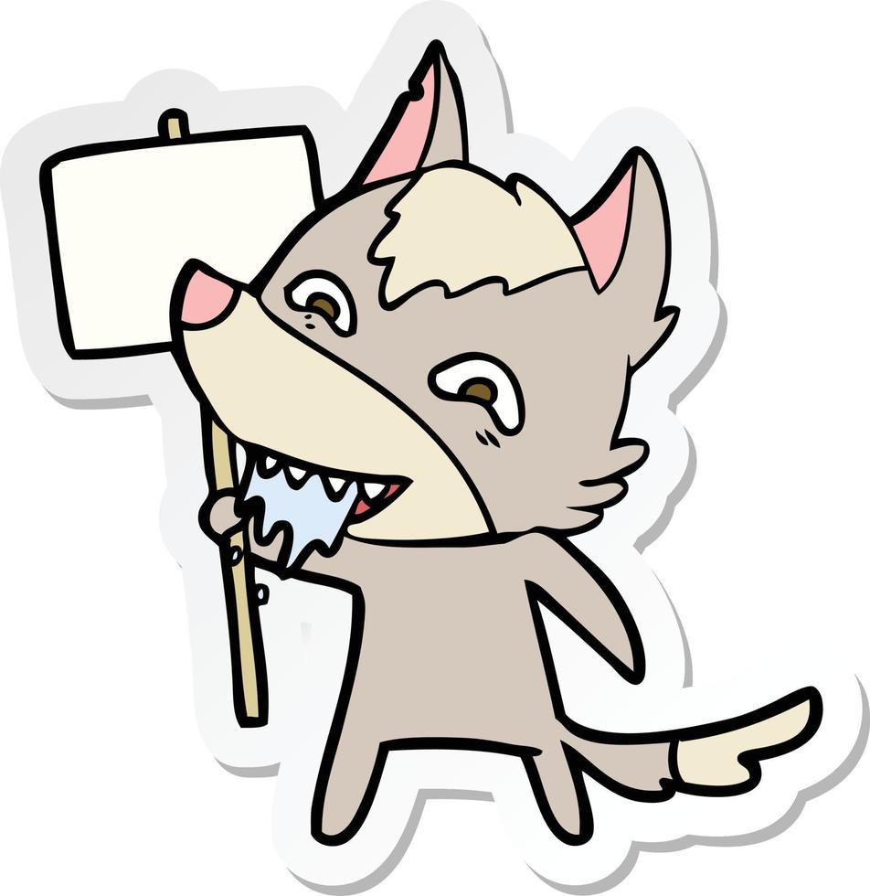 sticker van een cartoon hongerige wolf met bordpost vector