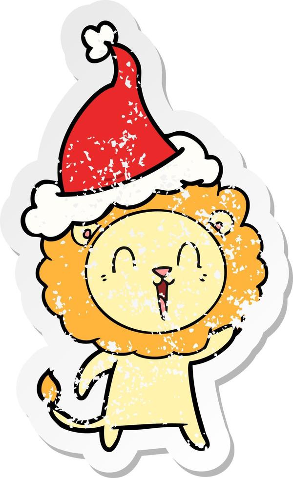 lachende leeuw verontruste sticker cartoon van een dragende kerstmuts vector