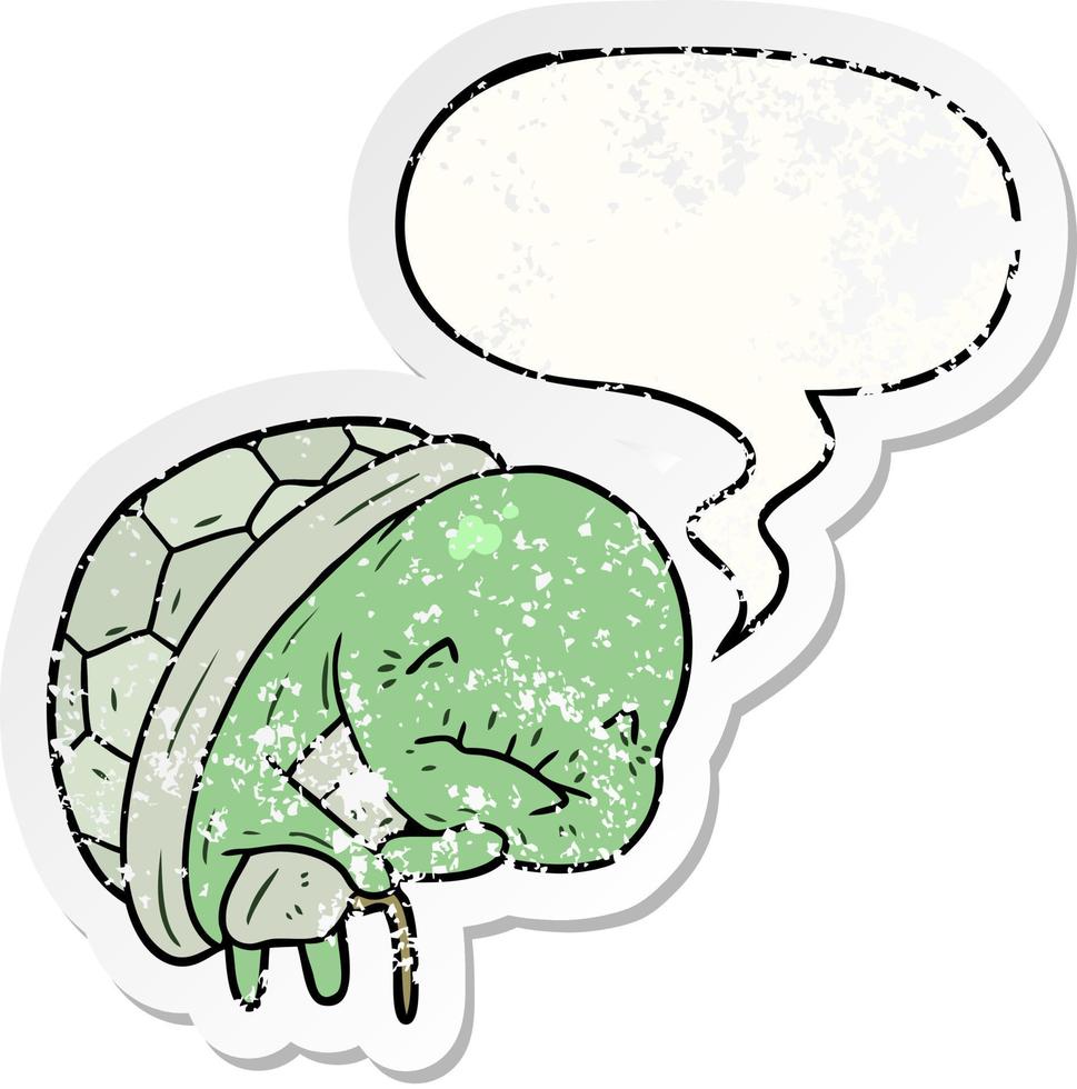 leuke cartoon oude schildpad en wandelstok en tekstballon verontruste sticker vector