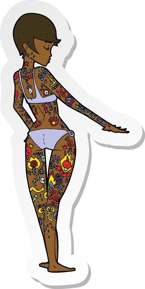 sticker van een cartoon bikinimeisje bedekt met tatoeages vector
