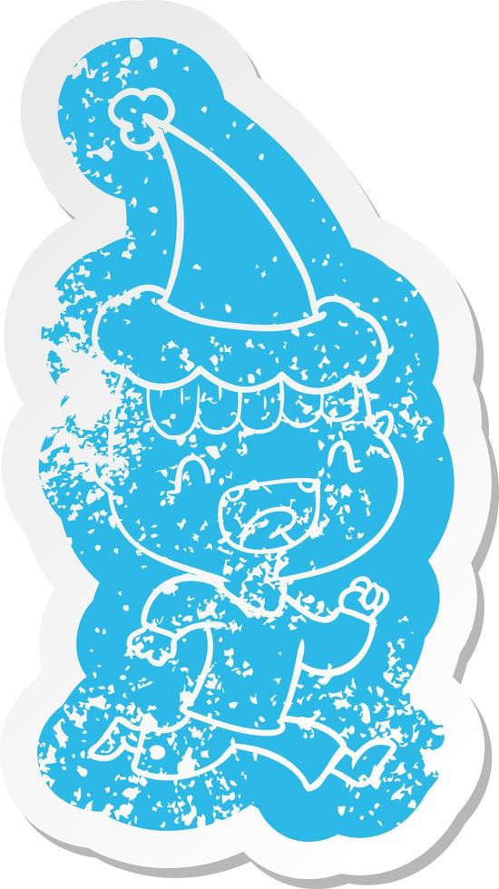 cartoon noodlijdende sticker van een gelukkige jongen die lacht en wegrent met een kerstmuts vector