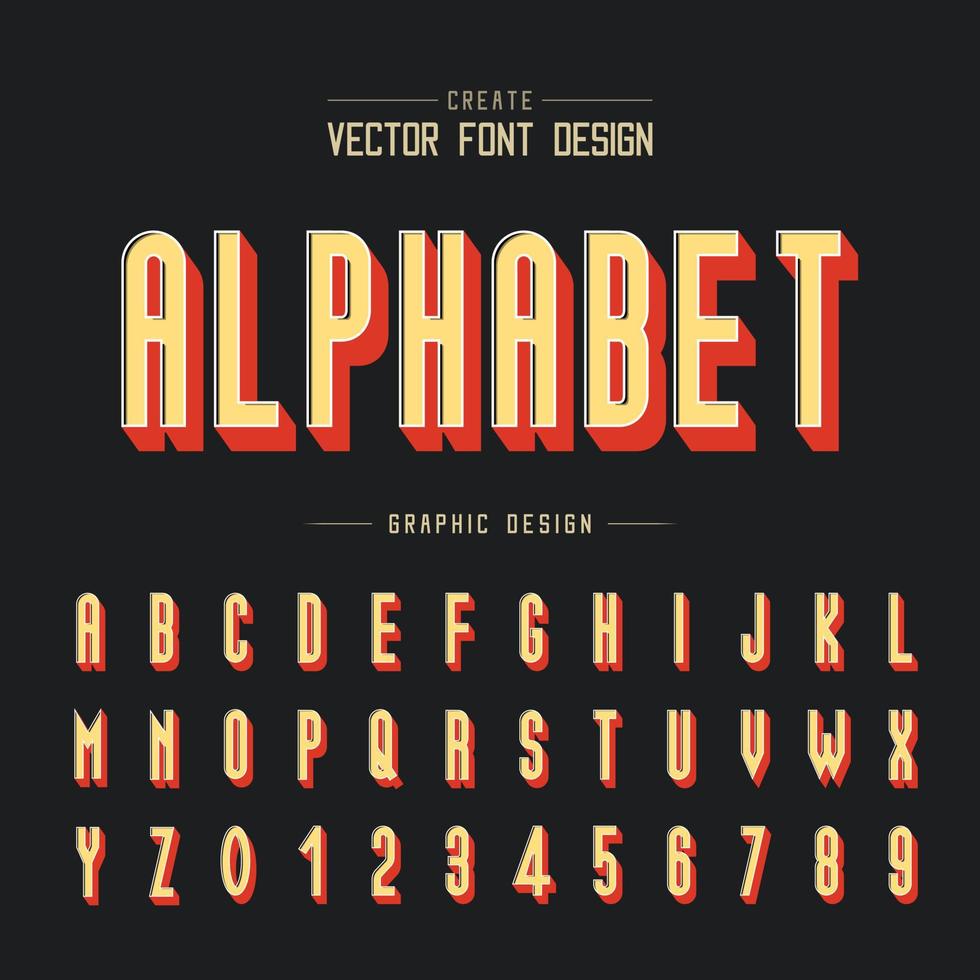 3D-lettertype en alfabetvector, schaduw hoog lettertype letter en cijferontwerp, grafische tekst op achtergrond vector