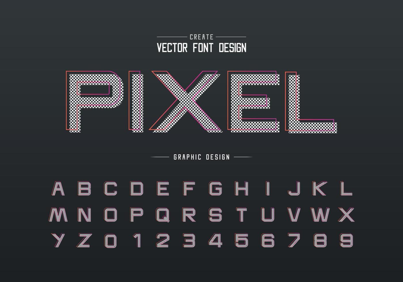 pixel lettertype en alfabet vector, ontwerp lettertype letter en cijfer, grafische tekst op achtergrond vector