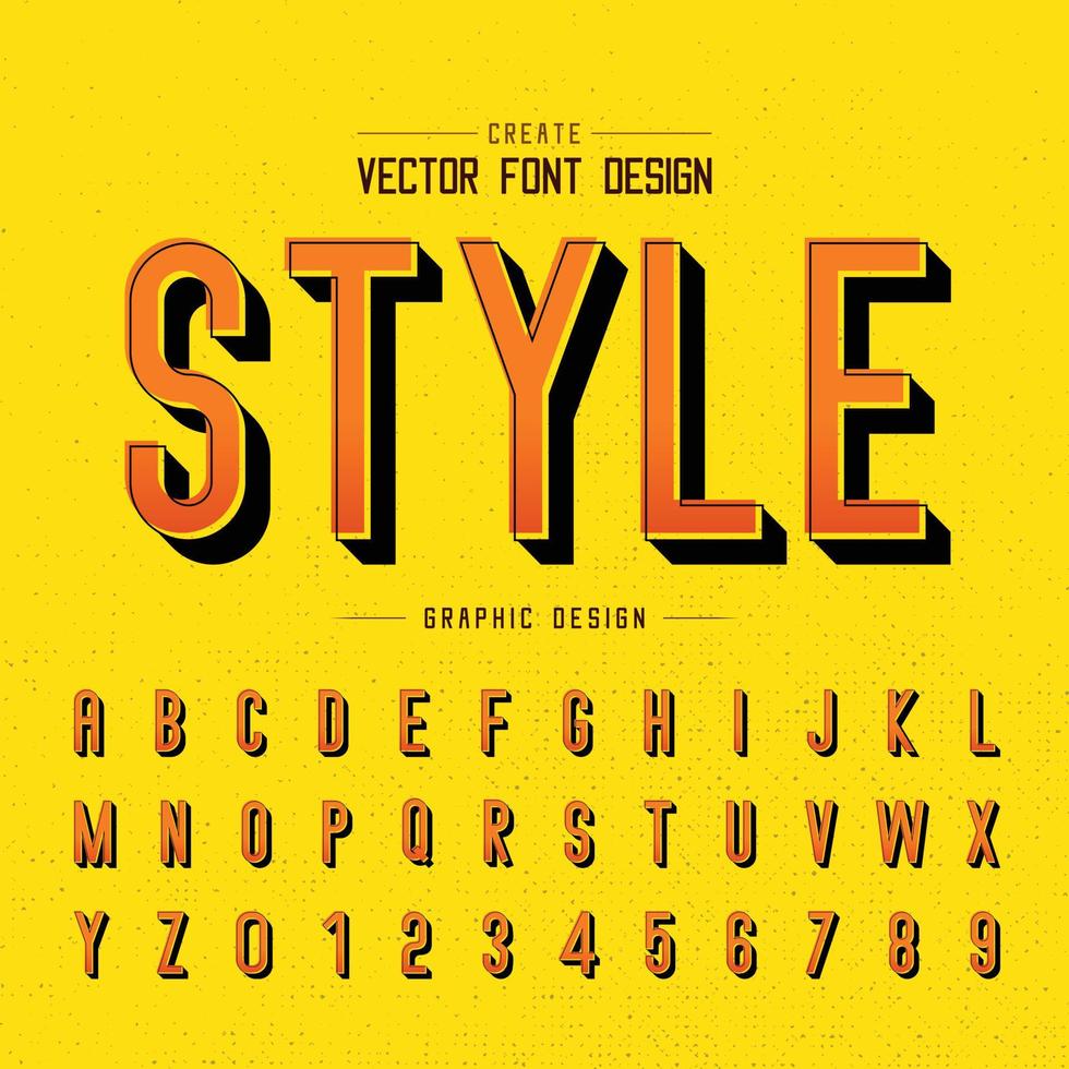 lettertype en alfabetvector, stijlletterontwerp en grafische schaduwtekst op gele gele achtergrond vector
