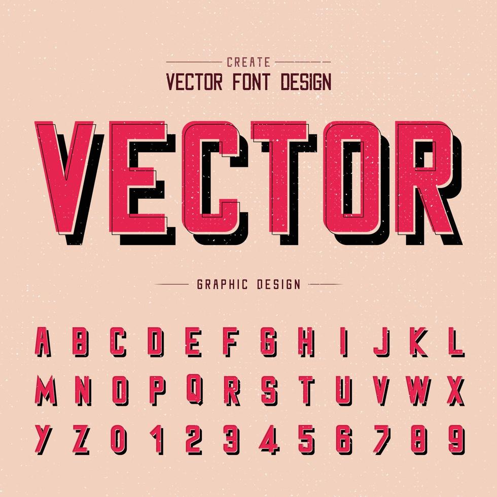 lettertype en alfabetvector, rood letterontwerp en grafische tekst op grungeachtergrond vector