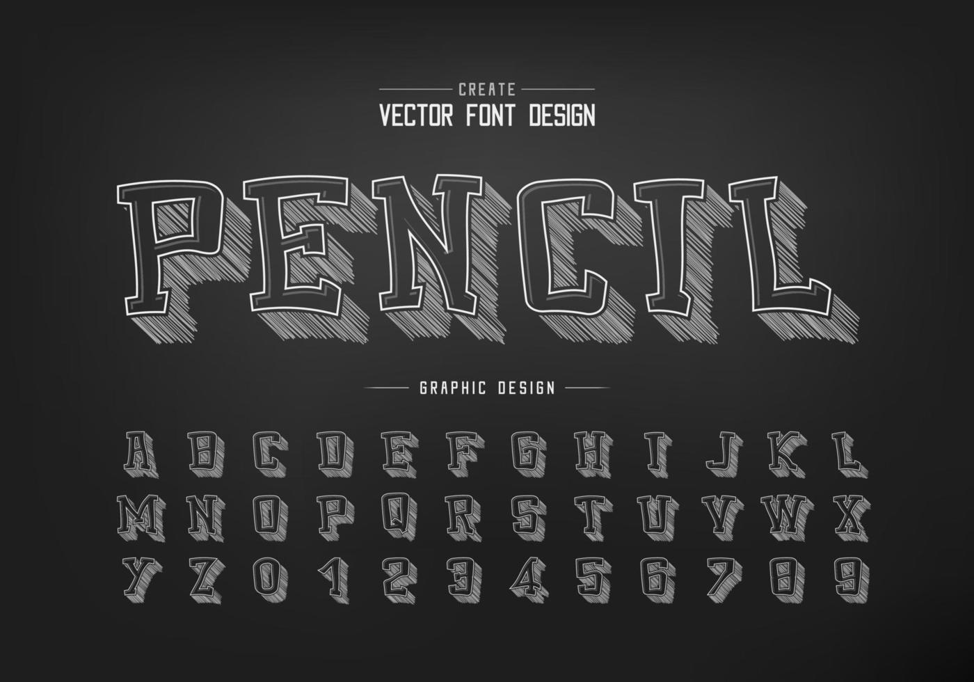potloodschets schaduw lettertype en cartoon alfabet vector, krijt lettertype en nummer ontwerp vector