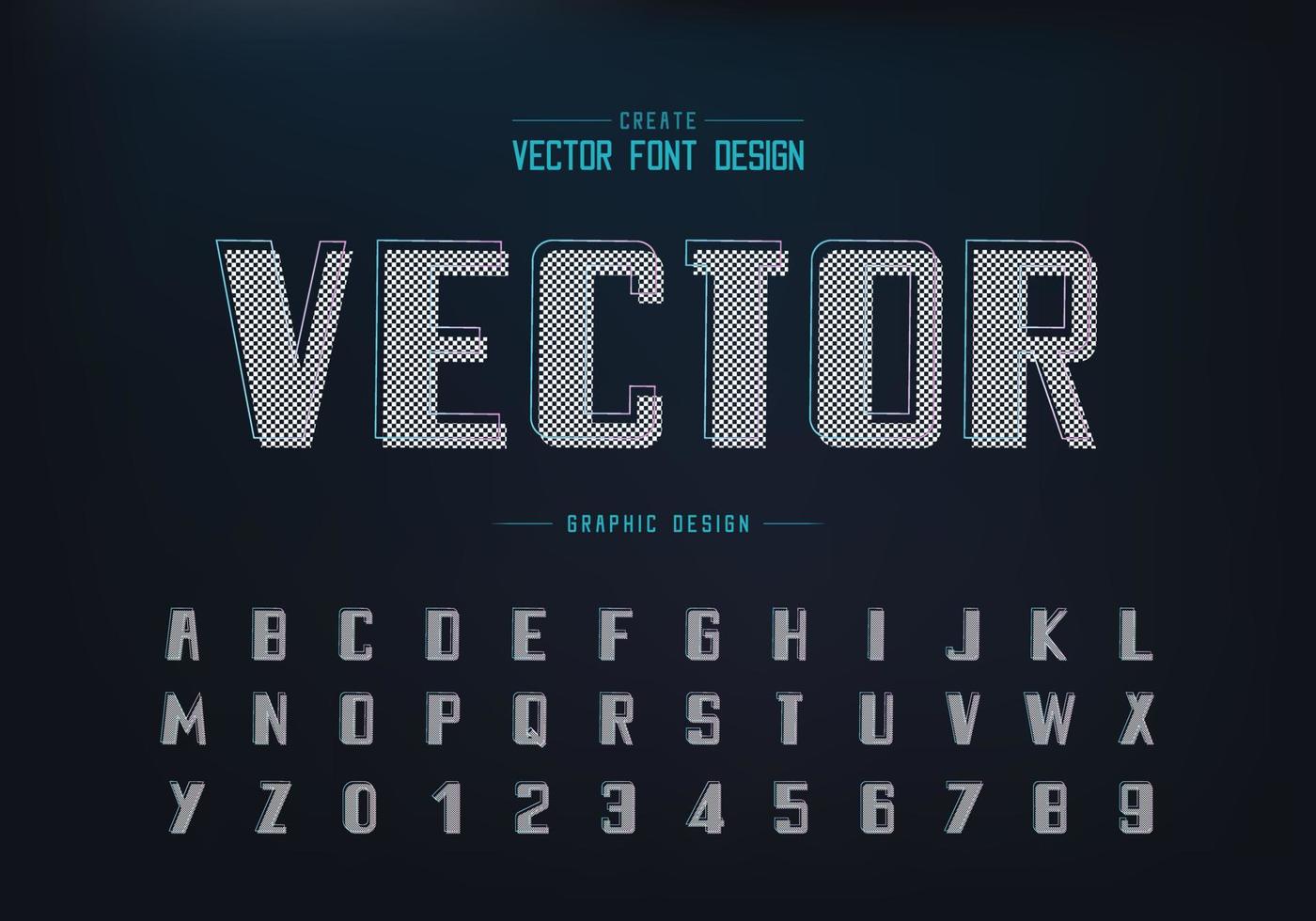 pixel vet lettertype en alfabet vector, lettertype en nummerontwerp, grafische tekst op achtergrond vector