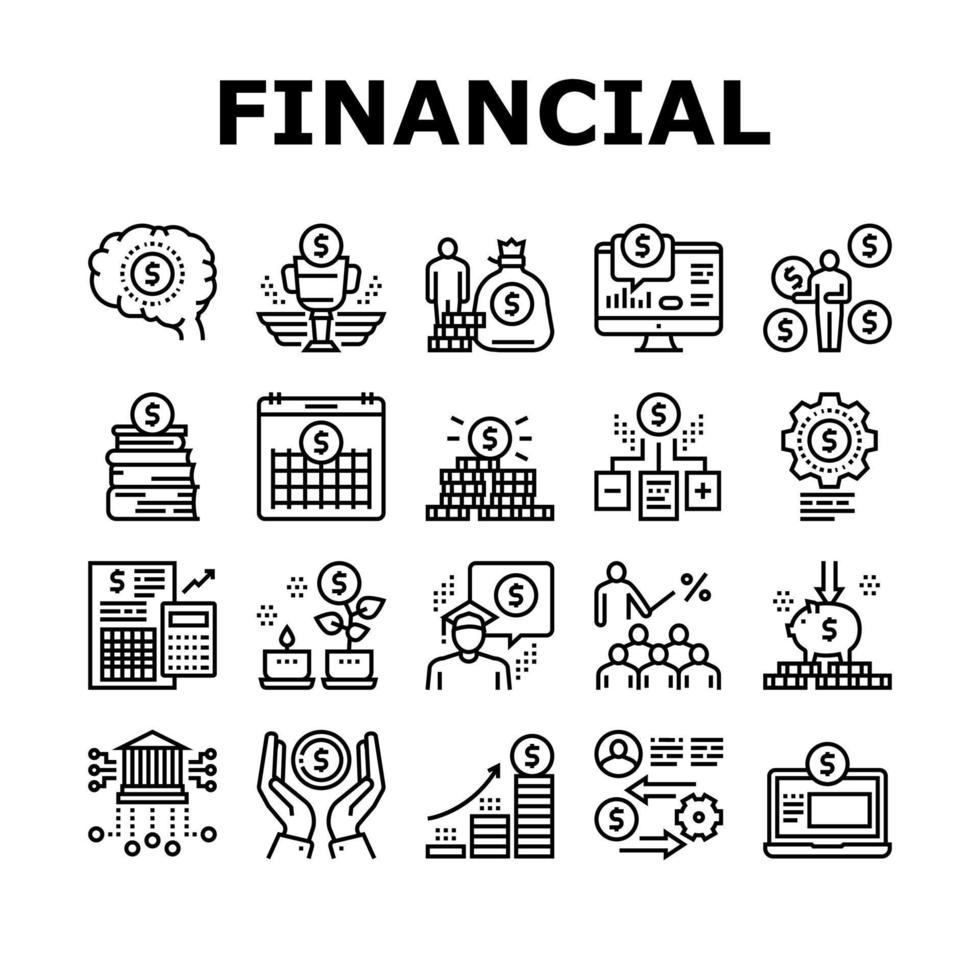 financiële educatie collectie iconen set vector