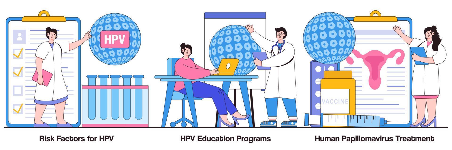 risicofactoren voor HPV, gezondheidsvoorlichtingsprogramma's, papillomavirusbehandelingsconcept met kleine mensen. humaan papillomavirus vector illustratie set. infectie diagnostiek, immuunsysteem metafoor