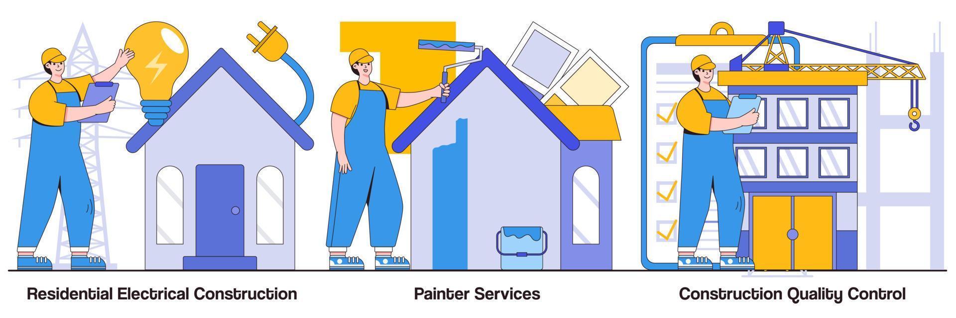 residentiële elektrische constructie, schildersdiensten, bouwkwaliteitscontrole met illustratiespakket voor personenkarakters vector