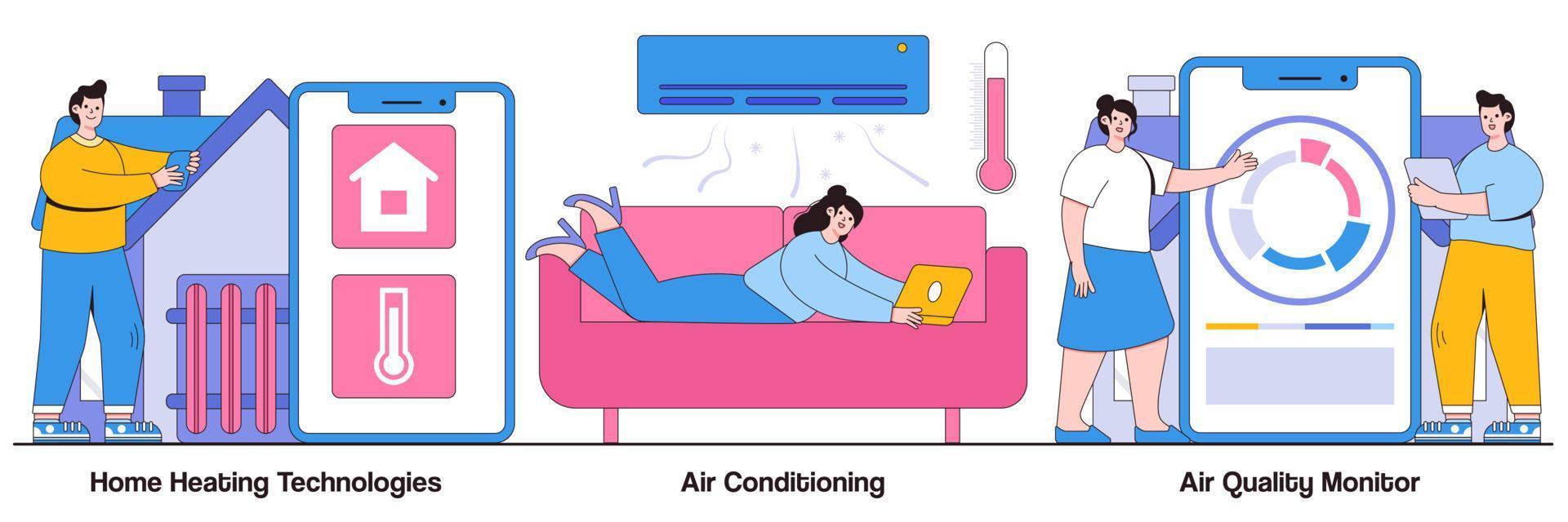 huisverwarmingstechnologieën, airconditioning en luchtkwaliteitsmonitor geïllustreerd pakket vector
