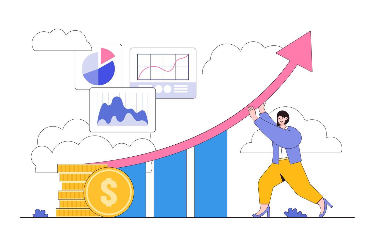 werkverbetering, loopbaangroei of prestaties om succes, vooruitgang of uitdagingconcepten te behalen. zakenvrouw verandert de richting van de pijl op het staafdiagram voor prestatieverbetering vector