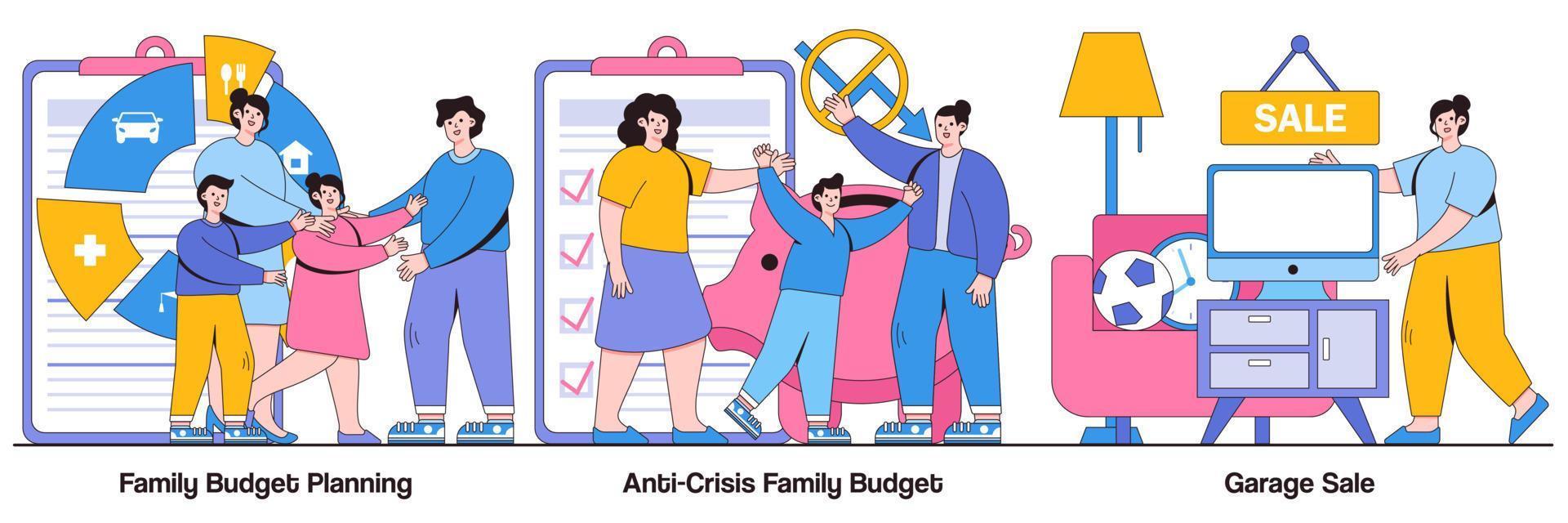 gezinsbudgetplanning, gezinsbudget tegen crisis en geïllustreerd pakket voor garageverkoop vector