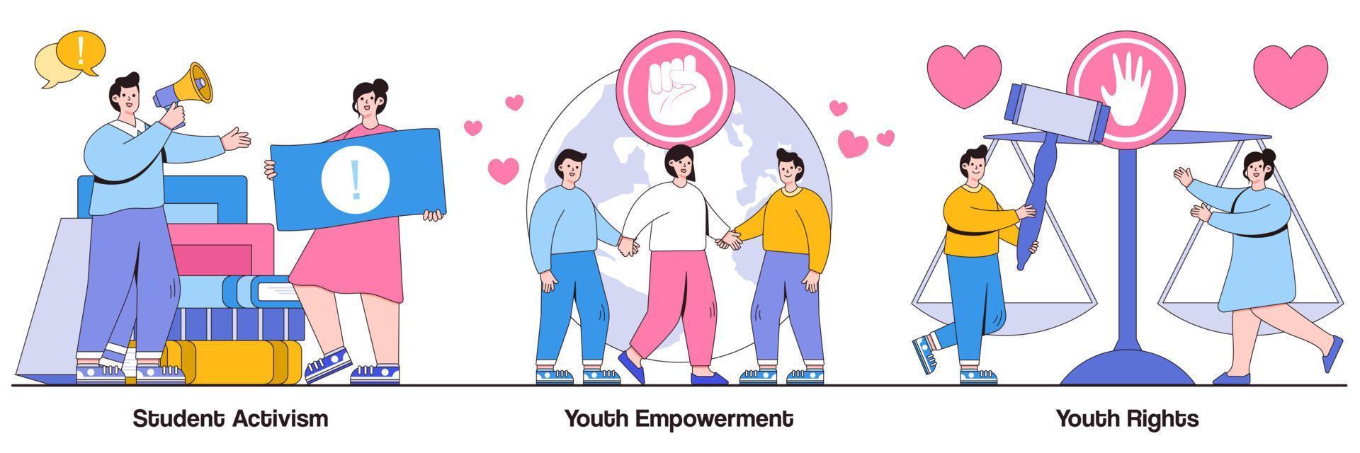 studentenactivisme, empowerment van jongeren en geïllustreerd pakket met rechten vector