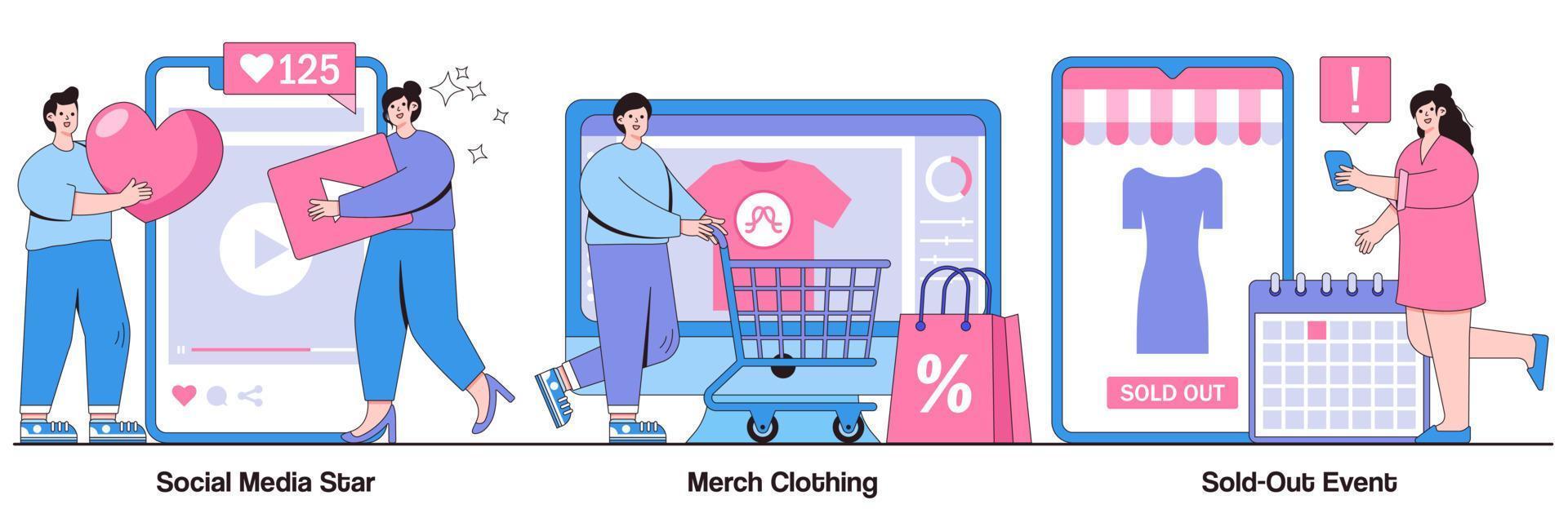 social media ster, merch kleding en uitverkocht evenement geïllustreerd pakket vector