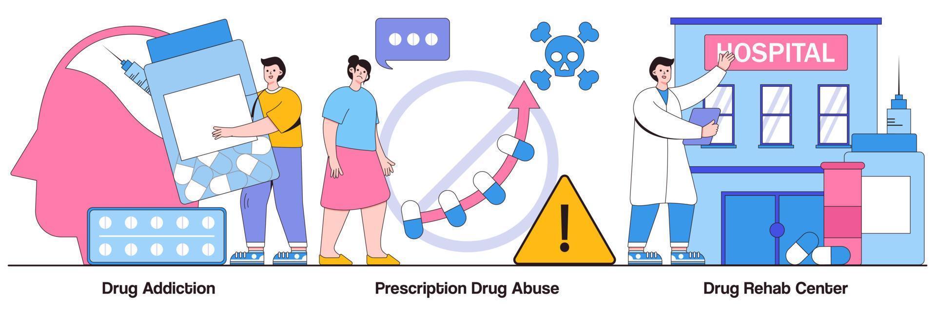 drugsverslaving en rehabilitatiecentrum, medicijnmisbruik op recept geïllustreerd pakket vector