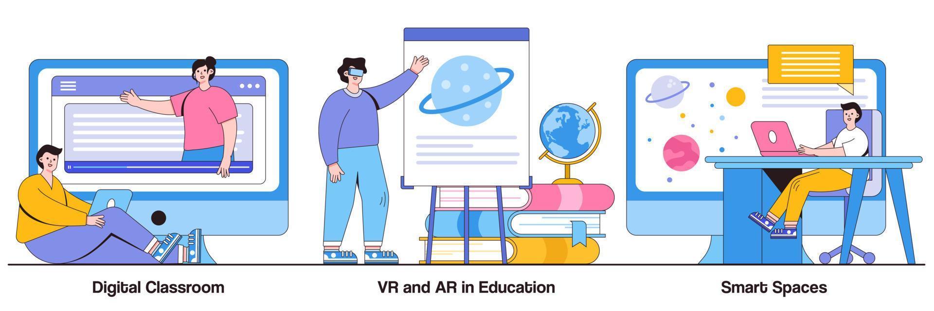 digitaal klaslokaal, vr en ar in het onderwijs, slim ruimteconcept met mensenkarakter. interactief leren vector illustratie set. blended learning, virtual reality, onderwijstechnologie metafoor