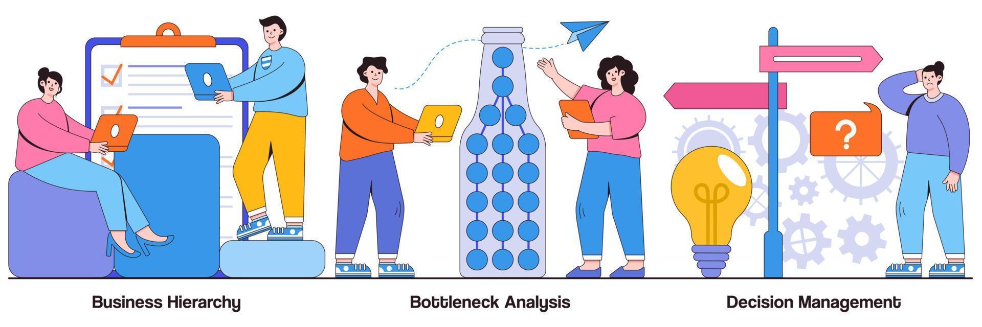 bedrijfshiërarchie, knelpuntenanalyse, beslissingsbeheerconcept met kleine mensen. beheersysteem vector illustratie set. workflowverbetering, bedrijfsanalysesoftware, it-toolmetafoor