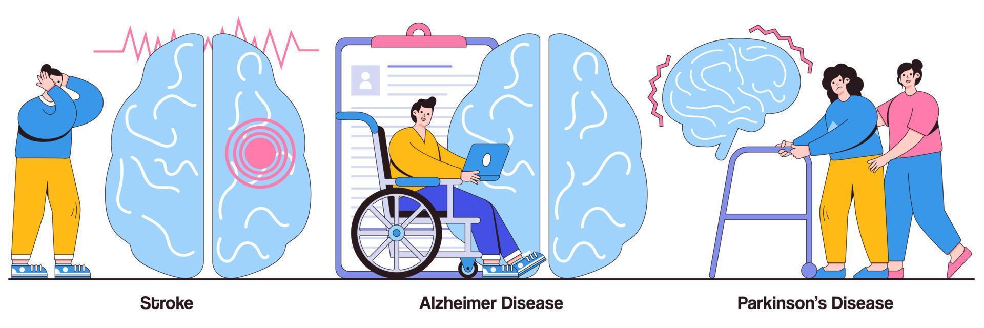 beroerte, de ziekte van alzheimer, het concept van de ziekte van parkinson met het karakter van mensen. neurologische aandoeningen vector illustratie set. zenuwstelsel en hersenprobleem, symptomen en immuunrespons, trauma