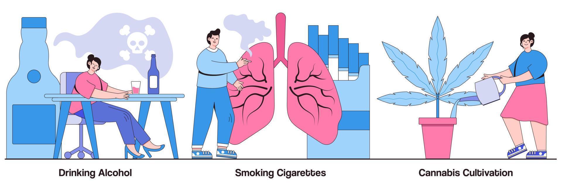 alcohol drinken, sigaretten roken en geïllustreerde verpakking voor cannabisteelt vector