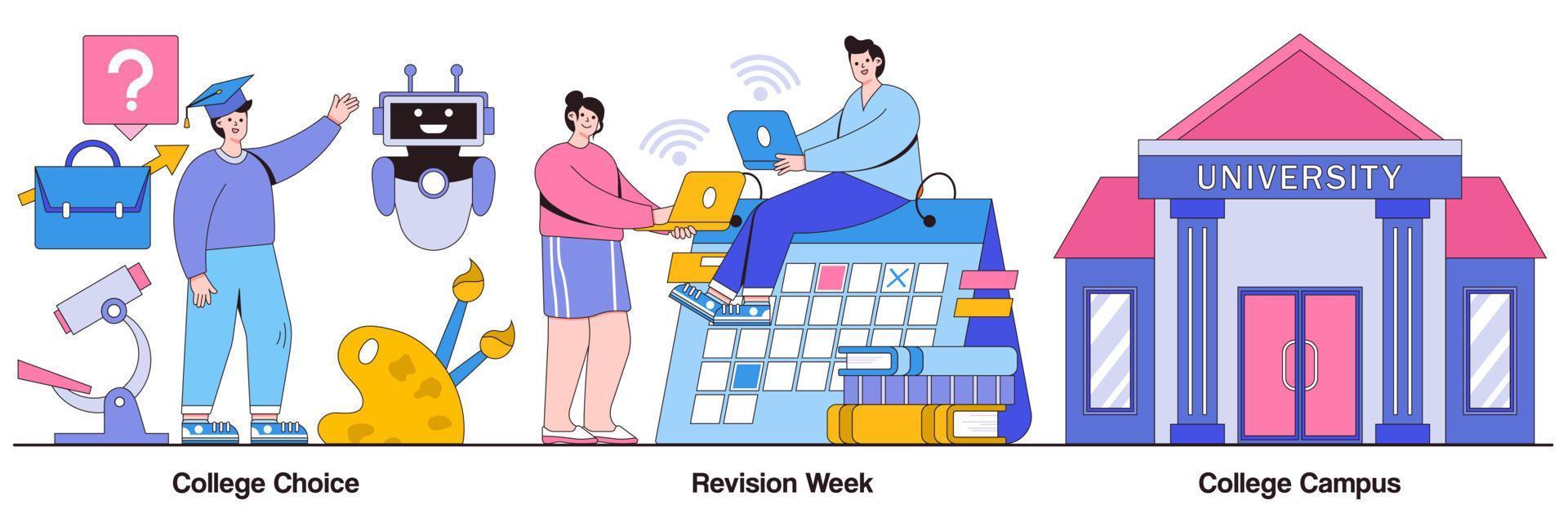 universiteitskeuze, campus en revisieweek geïllustreerd pakket vector
