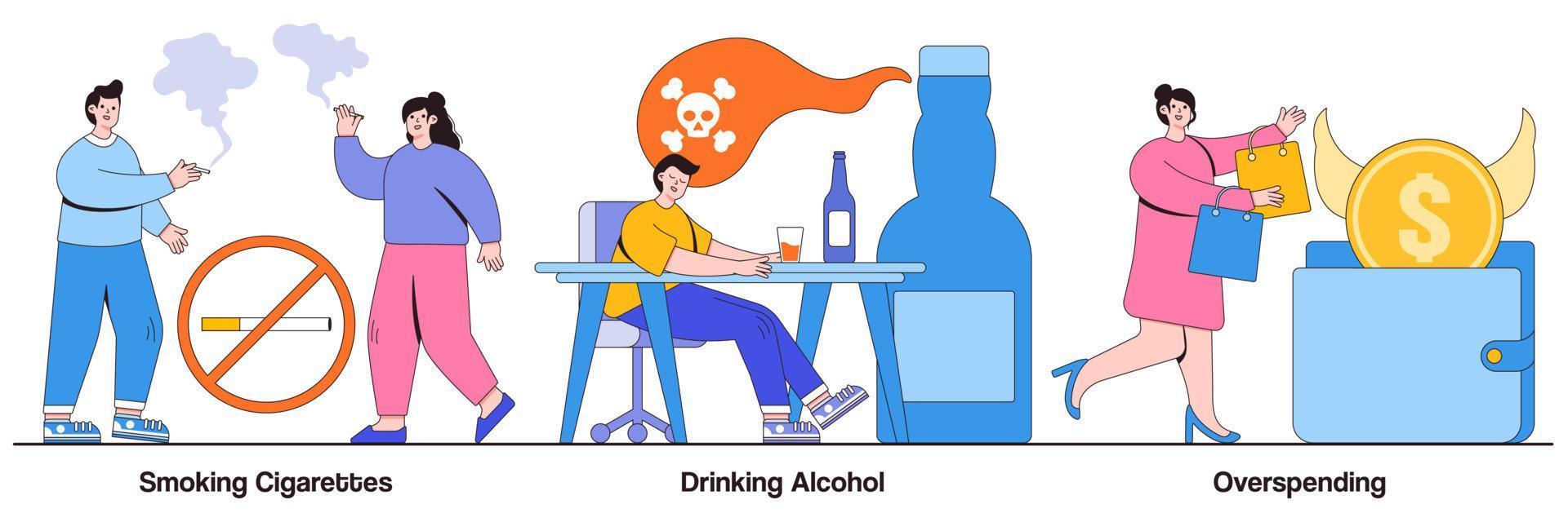 sigaretten roken, alcohol drinken, concept te veel uitgeven met kleine mensen. slechte gewoonten vector illustratie set. tabaks- en nicotineverslaving, alcoholismetherapie, budgetplanning, stressmetafoor