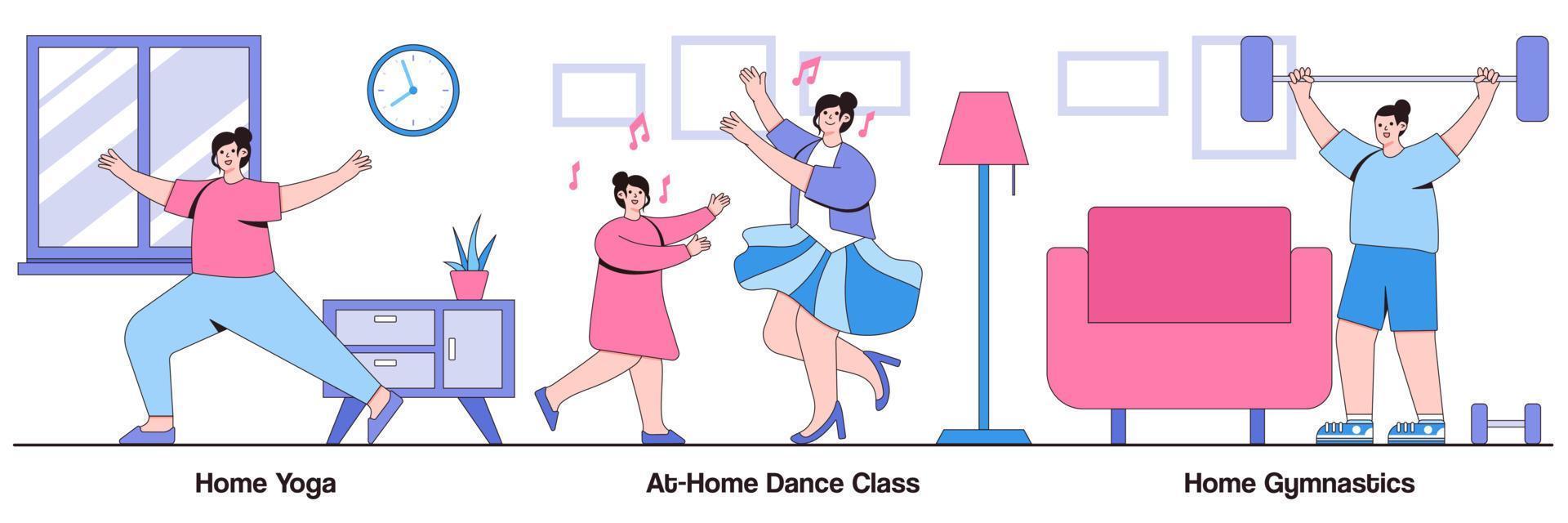 thuisyoga, dansles thuis, thuisgymnastiek met illustratiespakket voor mensenkarakters vector
