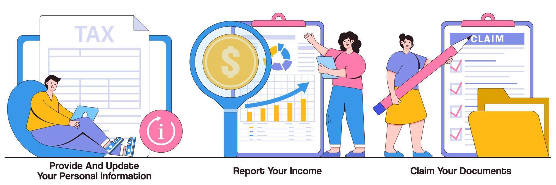 verstrek en update uw persoonlijke informatie, rapporteer inkomsten, claim documenten geïllustreerd pakket vector
