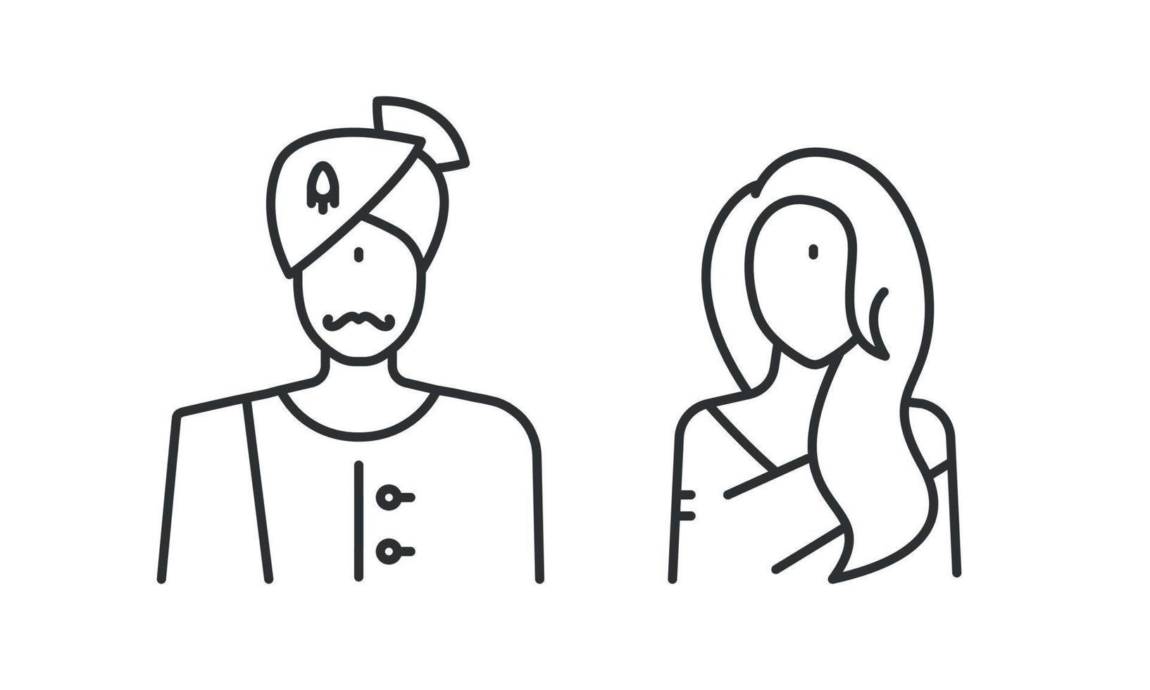 Indiase paar lijn pictogramserie. jonge vrouw met lang haar en Indiase sikh man in tulband. bruid en bruidegom symbolen. vector illustratie