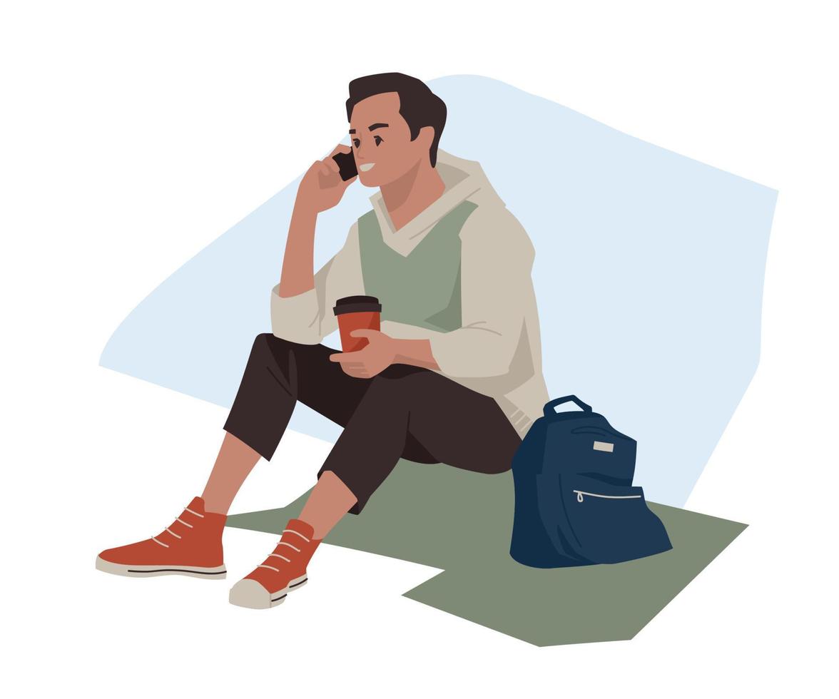 de man met de telefoon. de student zit op het gras en praat aan de telefoon. een man rust en drinkt koffie. vector afbeelding.