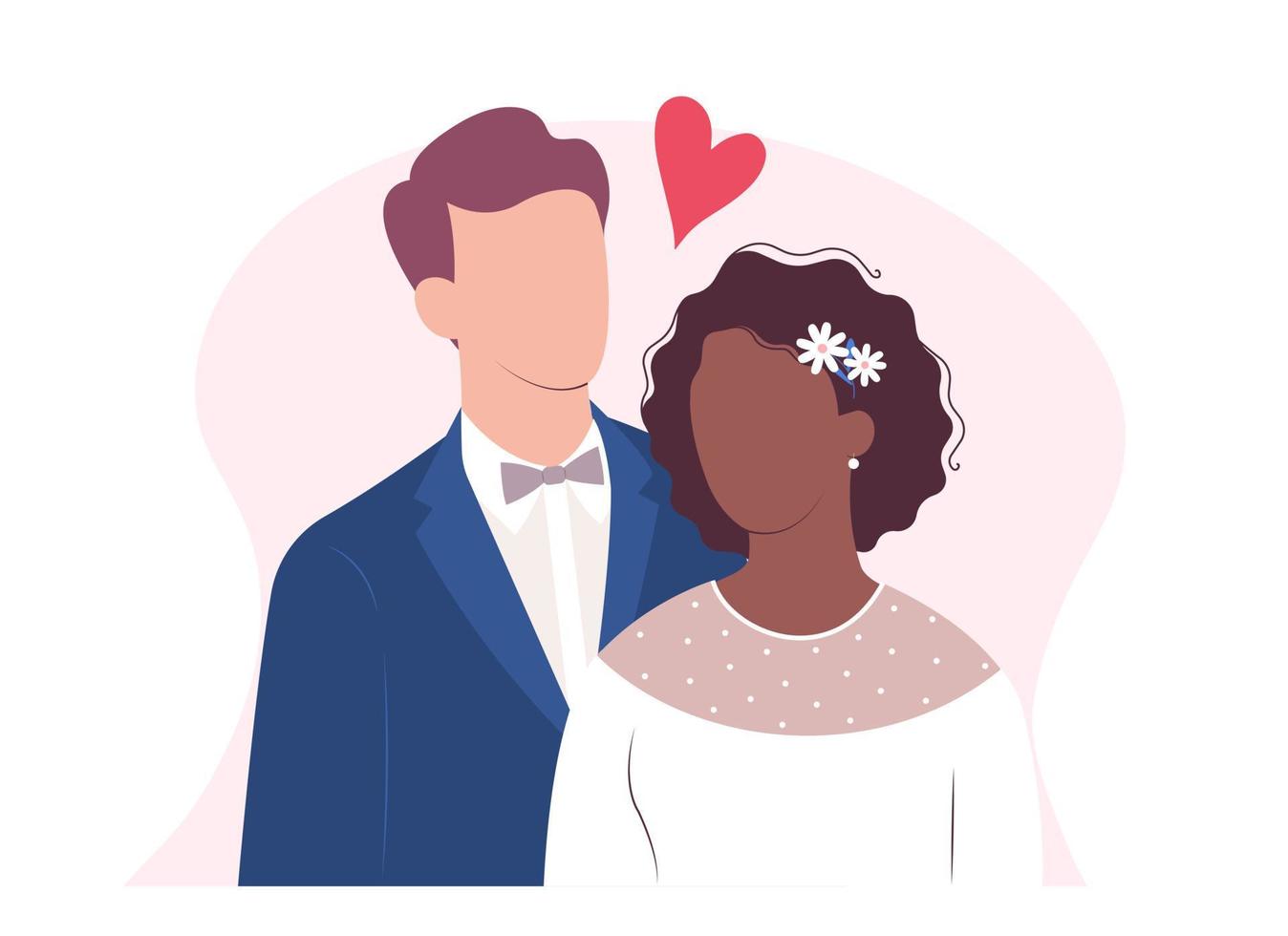 mooie jonge bruid en bruidegom, interracial bruidspaar. Afro-Amerikaanse bruid en blanke bruidegom. vector