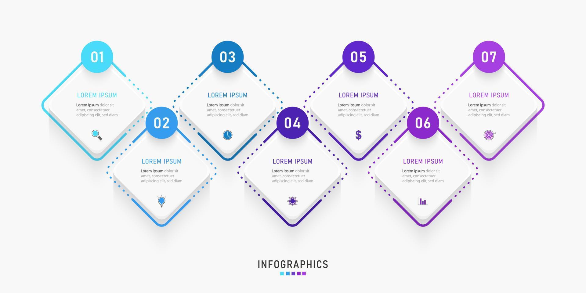 vector infographic labelontwerpsjabloon met pictogrammen en 7 opties of stappen. kan worden gebruikt voor procesdiagram, presentaties, workflowlay-out, banner, stroomschema, infografiek.