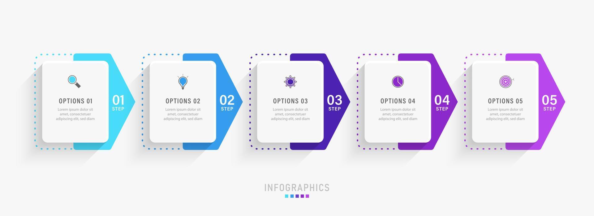 vector infographic labelontwerpsjabloon met pictogrammen en 5 opties of stappen. kan worden gebruikt voor procesdiagram, presentaties, workflowlay-out, banner, stroomschema, infografiek.