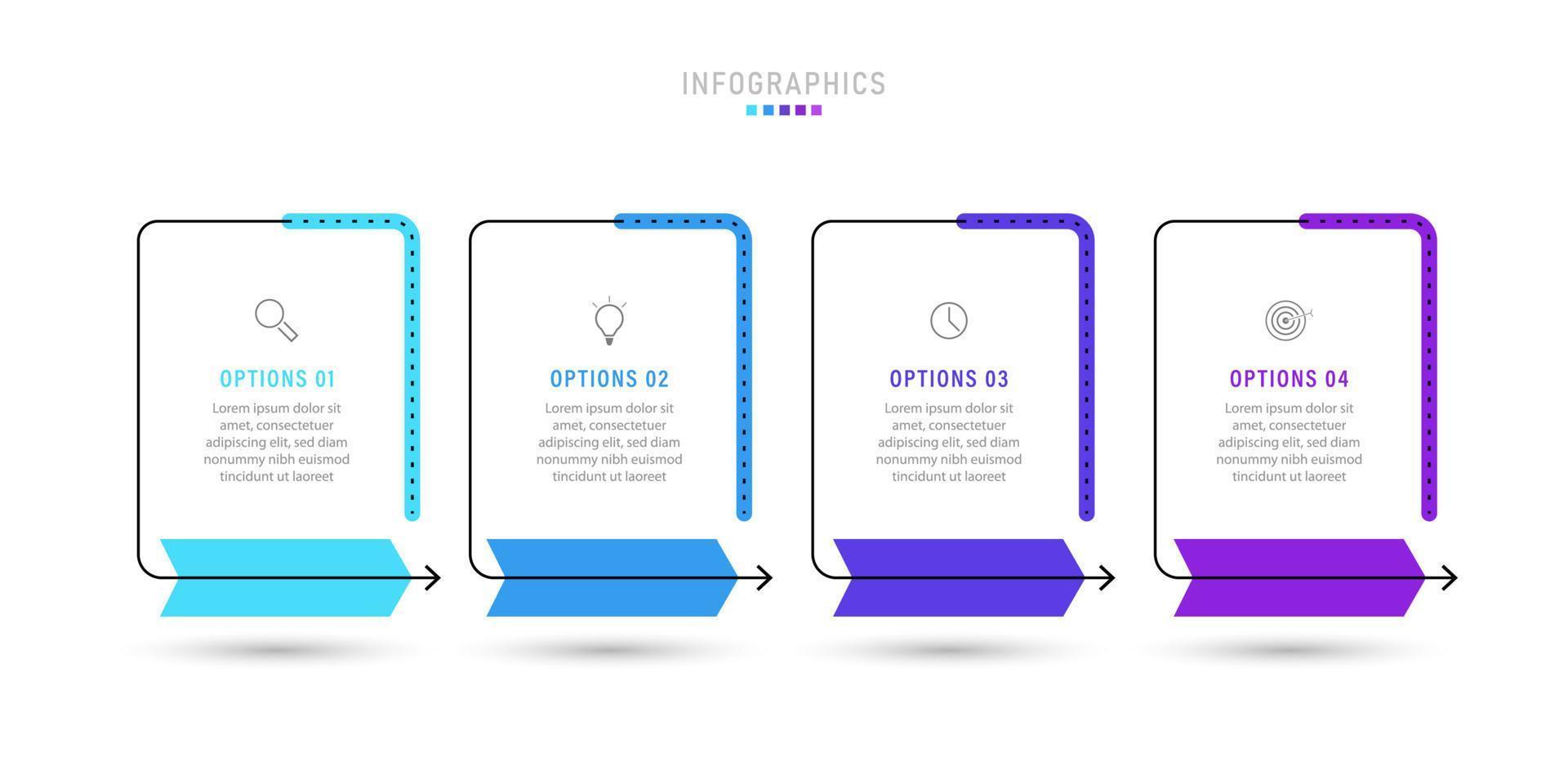 vector infographic labelontwerpsjabloon met pictogrammen en 4 opties of stappen. kan worden gebruikt voor procesdiagram, presentaties, workflowlay-out, banner, stroomschema, infografiek.