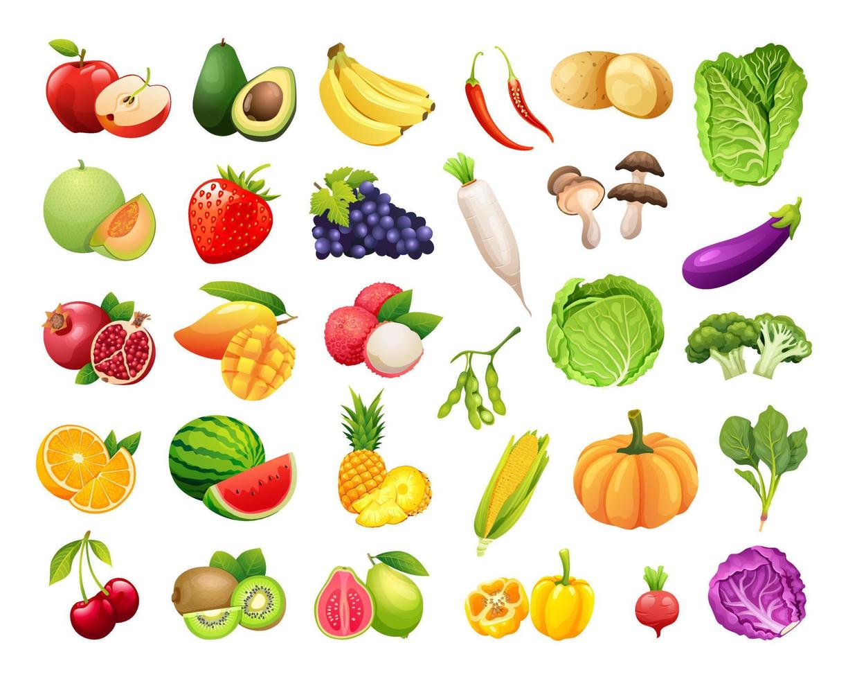 set van biologische groenten en fruit vectorillustratie vector