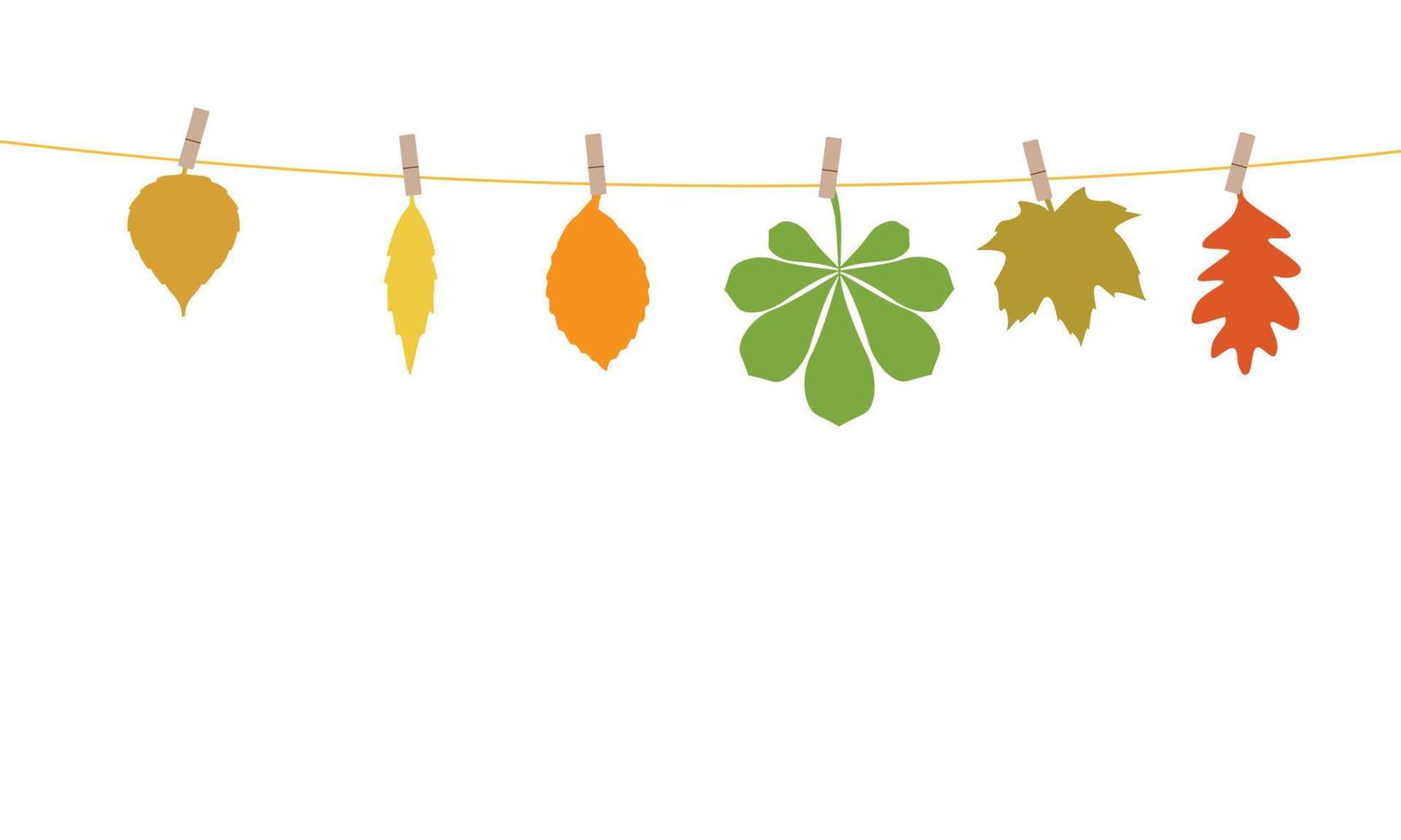 Hallo herfst, oranje bladeren hangen aan een touwtje, herfst seizoen banner decoratie-element, kleurrijke seizoensgebonden slinger met heldere bladeren, dikke zwarte omtrek, eenvoudige vectorillustratie. vector