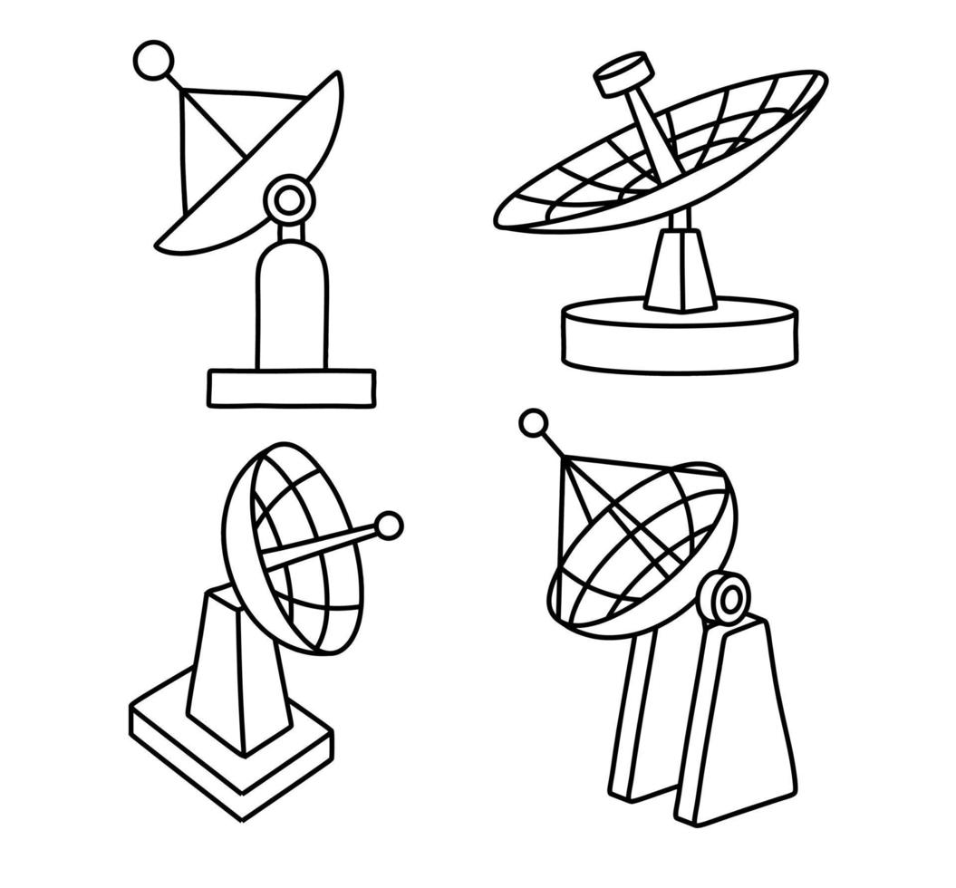 set van satellietschotel pictogram in kaderstijl op een witte achtergrond. vector