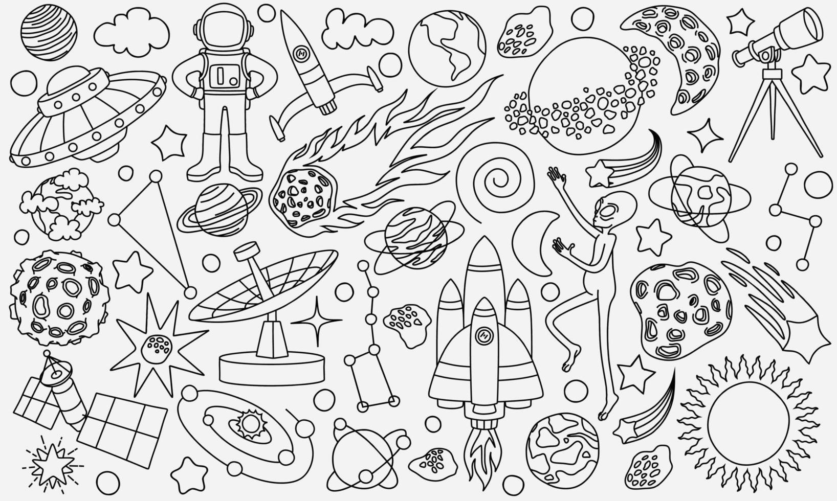 handgetekende doodles cartoon set ruimtevoorwerpen vector