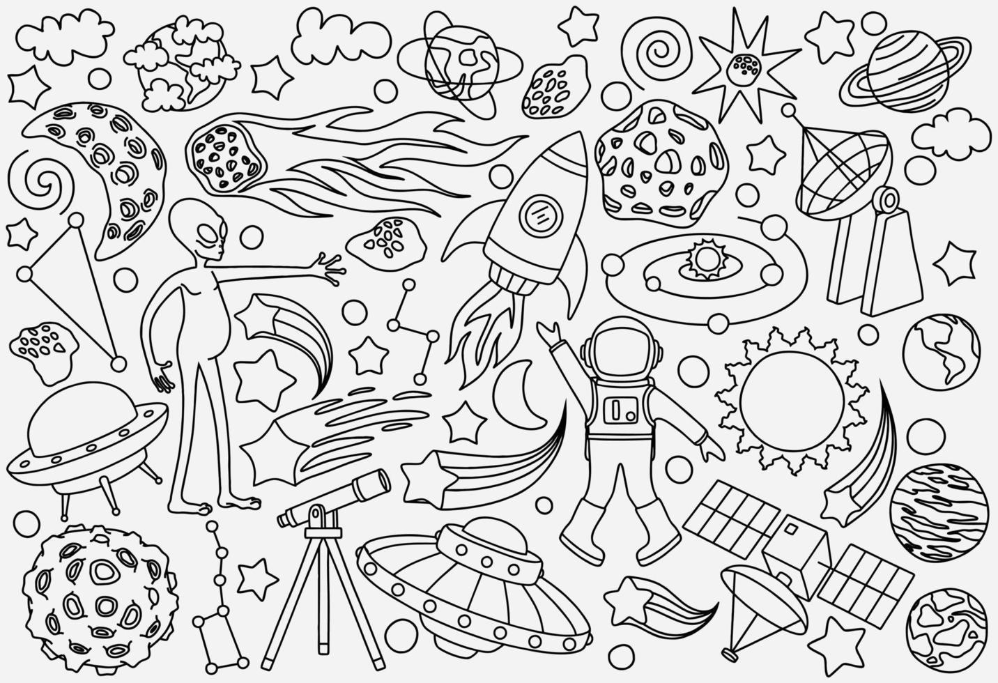 handgetekende doodles cartoon set ruimtevoorwerpen vector