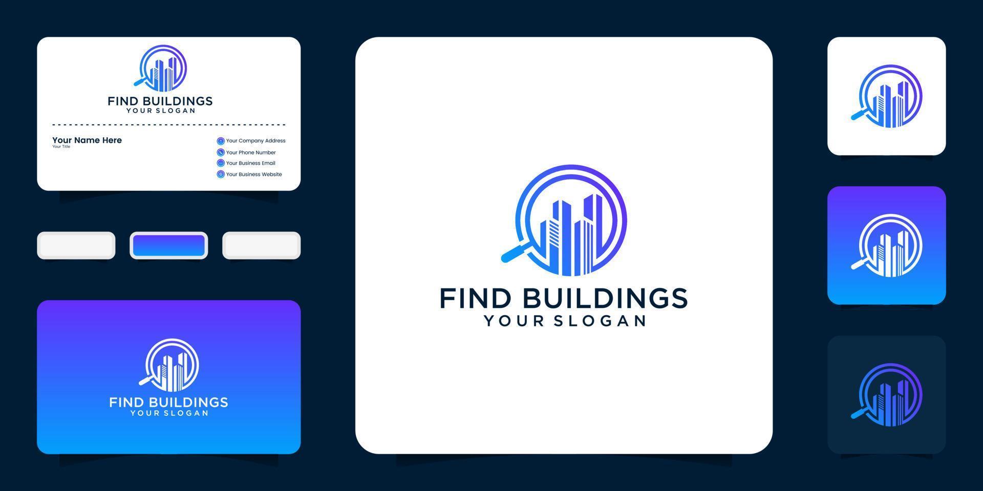 zoek logo-ontwerp met gebouw en vergrootglas en visitekaartje vector