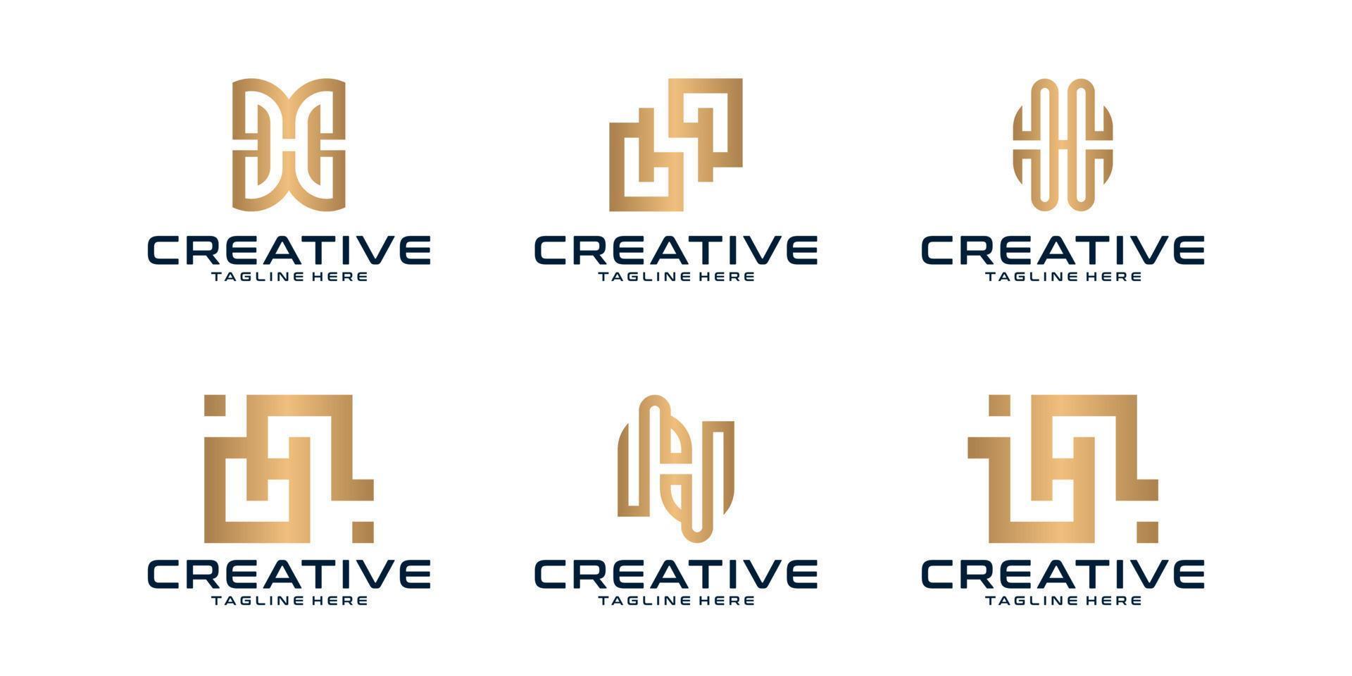 verzameling h-letterlogo's met lijnstijlen en gouden kleur voor consulting, initialen, financiële bedrijven vector