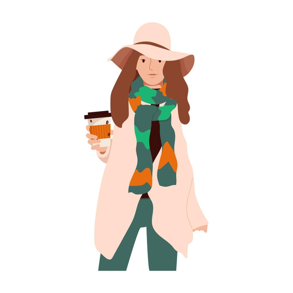 jong mooi meisje in breedgerande hoed met koffie in sjaal geïsoleerd op de witte achtergrond in boho-stijl. vector illustratie