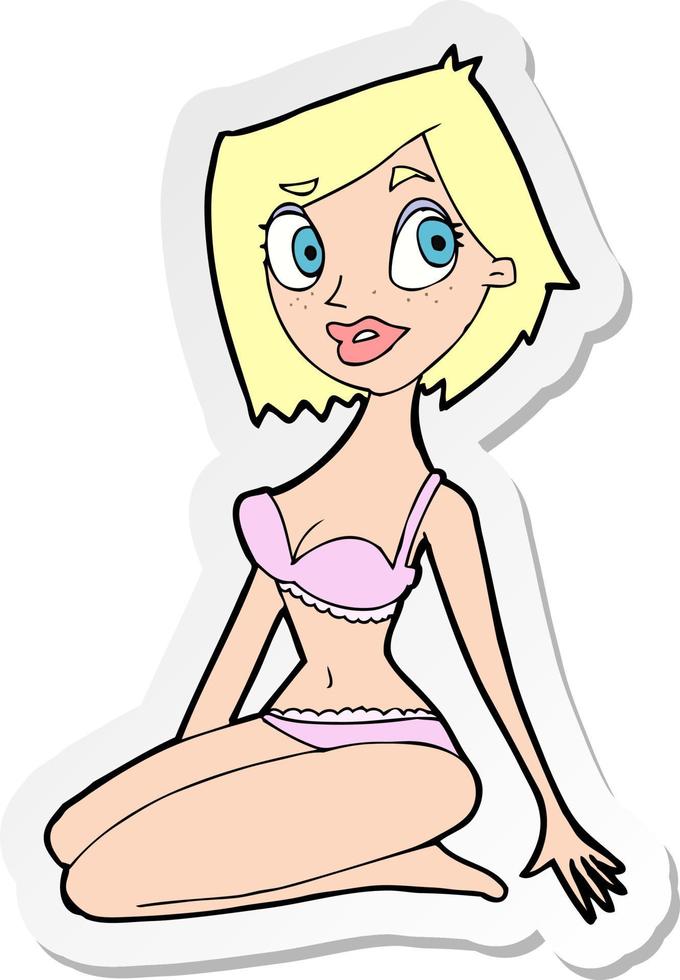 sticker van een cartoon mooie vrouw in ondergoed vector