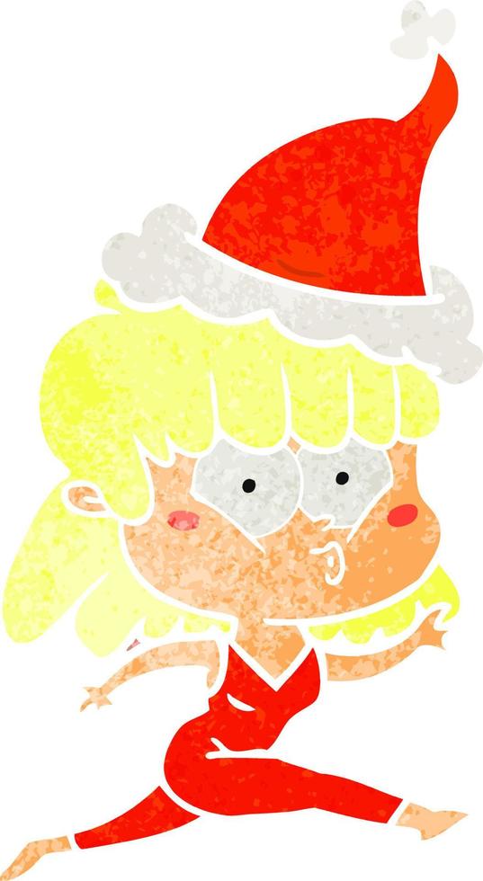 retro cartoon van een rennende vrouw met een kerstmuts vector