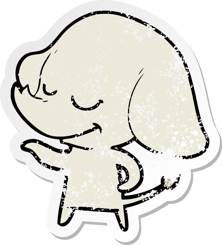 verontruste sticker van een cartoon lachende olifant vector