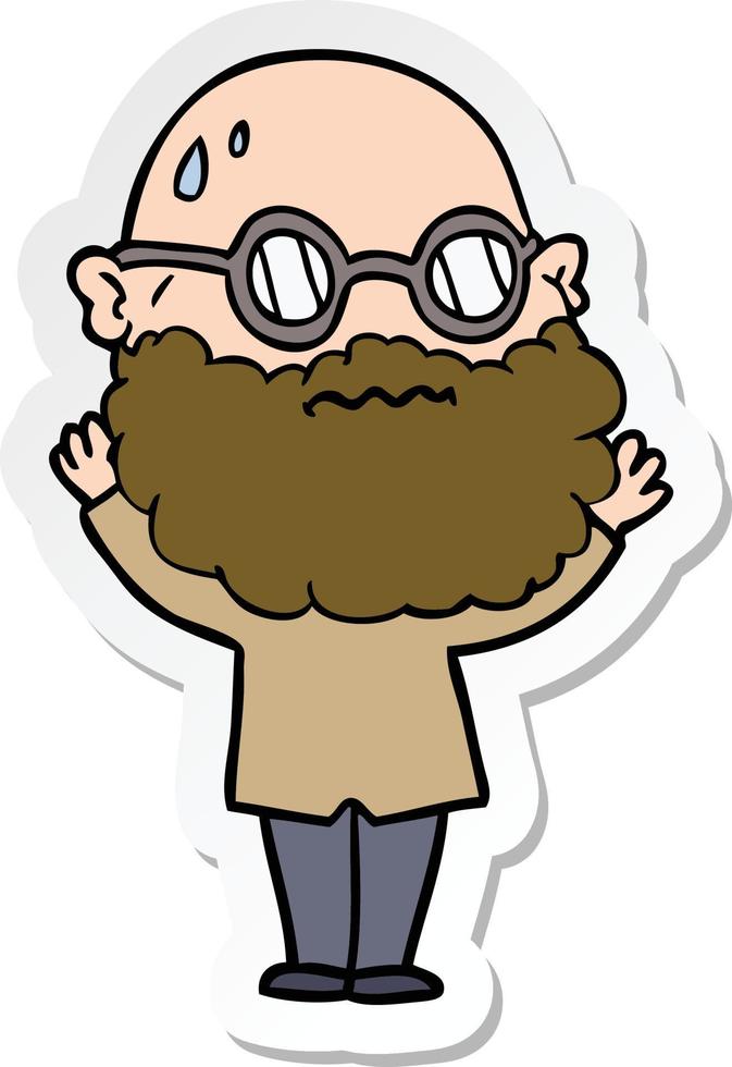 sticker van een cartoon bezorgde man met baard en bril vector