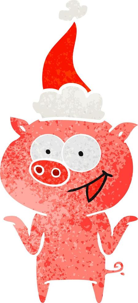retro cartoon van een varken zonder zorgen met een kerstmuts vector